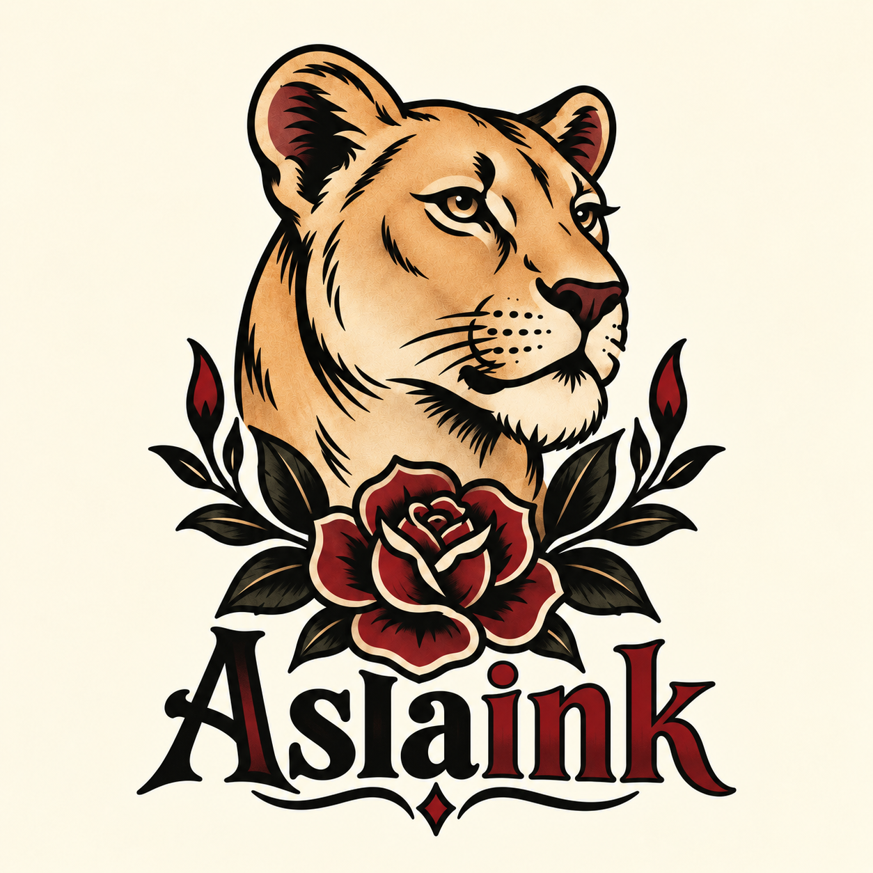 Logo Aslaink : une lionne et une rose dans le style old school